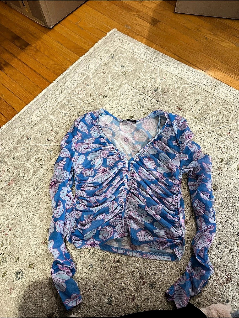 Zara Floral Ruched Blouse in Blue & Pink Like New